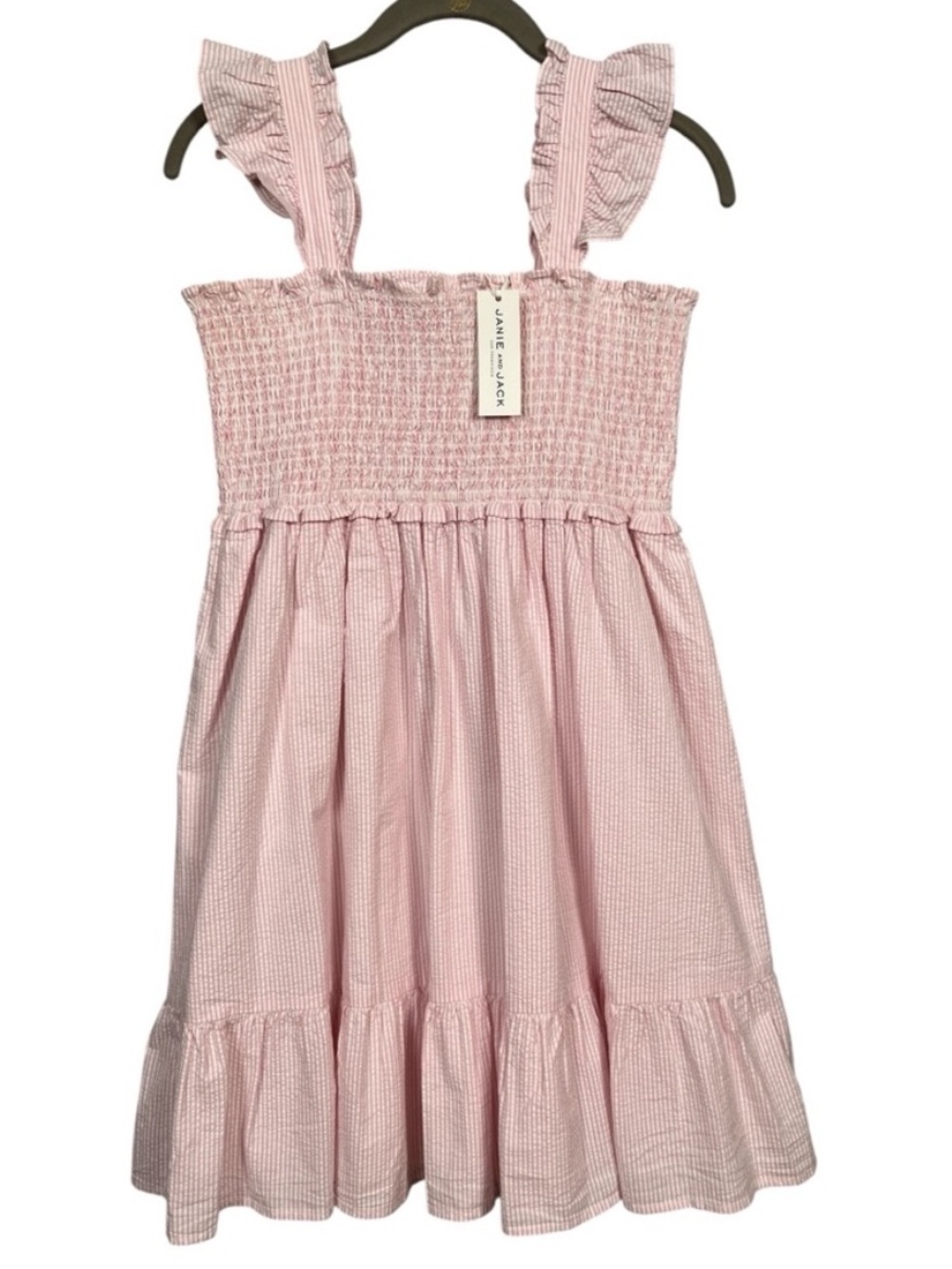 JANIE AND JACK Pink Seersucker Smocked Ruffle Dress Girls 18 NWT